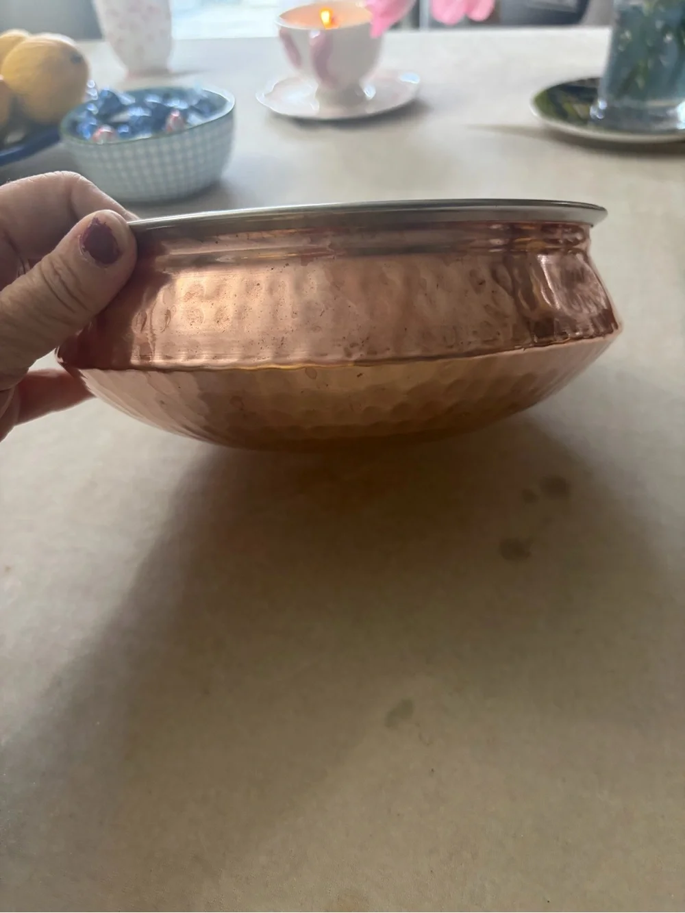 Tera India stainless steel with a hammered copper finish on the exterior